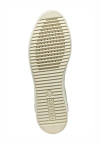Semelle de chaussure en caoutchouc blanc avec un motif texturé, des rainures et des trous de ventilation. Présente le logo Geox au centre et un marque de brevet italien.