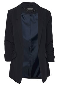 Černý blazer s hladkým materiálem, klopami a ohrnutými rukávy. Vnitřek je podšitý saténově modrou podšívkou. Dvě přední kapsy.