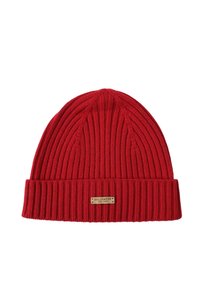 Red ribbed knit beanie with a folded cuff and a decorative label reading "BELLEMERE NEW YORK" in a gold-tone finish.