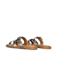 Metallisch zilveren leren sandalen met kruiselings straps, een platte zool en een gespsluiting. Gladde textuur en lichtbruine voetbed.