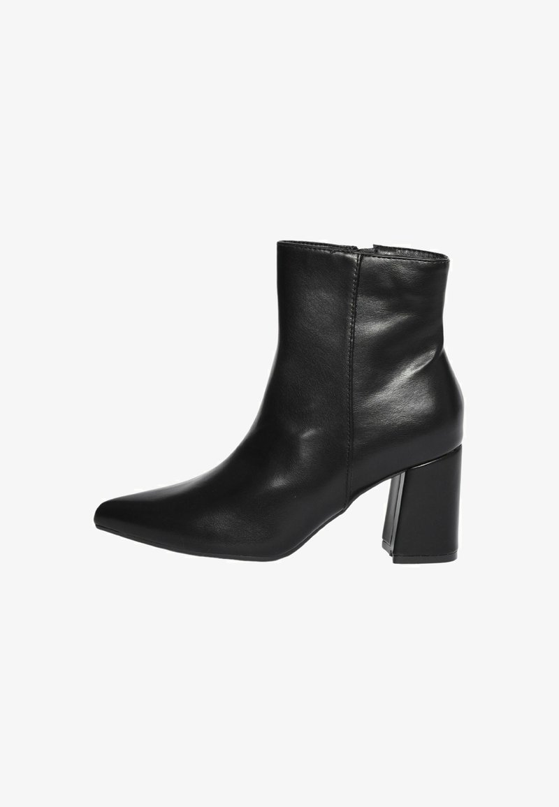 Stivaletto in pelle nera con punta appuntita e tacco quadrato, dotato di zip laterale e finitura liscia.