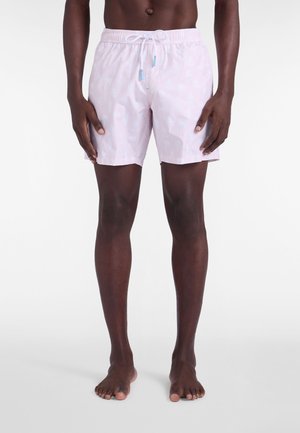 Pantaloncini da bagno rosa chiaro con motivo di palme e barche a vela, vita elasticizzata con coulisse e materiale liscio e leggero.