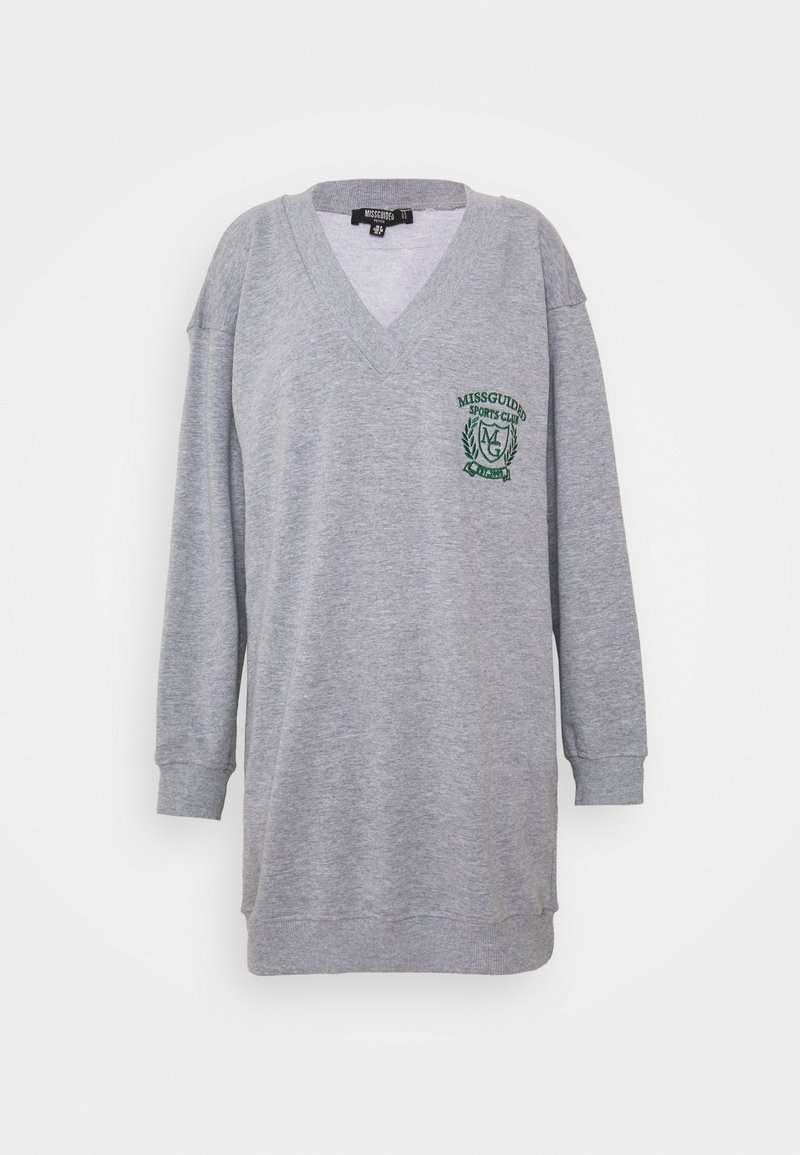 Grauer Sweatshirt mit langen Ärmeln, V-Ausschnitt, gerippten Bündchen und einem grünen gestickten Logo mit Lorbeerakzenten auf der linken Brust. Weiche Textur.