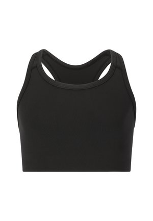 Musta urheiluliivi, jossa on kilpailutyyppinen selkädesign, valmistettu sileästä ja joustavasta kankaasta. Varustettu saumatonta reunaa ja tiukkaa siluettia.