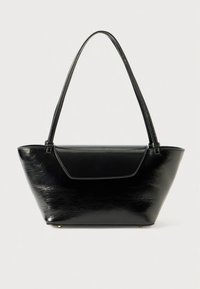 Black glossy leather handbag with a long handle and a front flap closure, displayed against a neutral background.