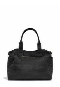 Sac à main en cuir noir avec deux poignées, finition texturée, une poche avant zippée et des détails latéraux inclinés. Orientation verticale.