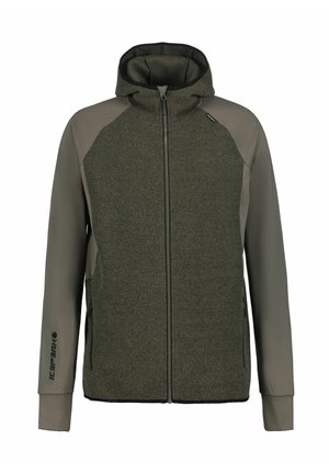 Hoodie met ritssluiting, voorzien van een getextureerd donkergroen voorpaneel en gladde olijfgroene mouwen, met twee zijritszakken en een logo op de linker mouw.
