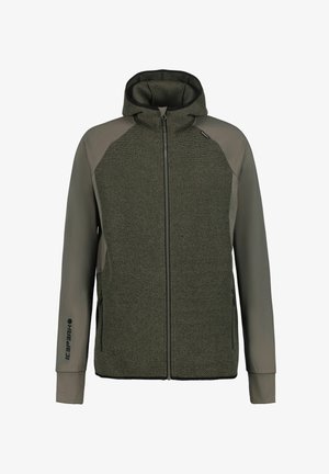 Hoodie met ritssluiting, voorzien van een getextureerd donkergroen voorpaneel en gladde olijfgroene mouwen, met twee zijritszakken en een logo op de linker mouw.