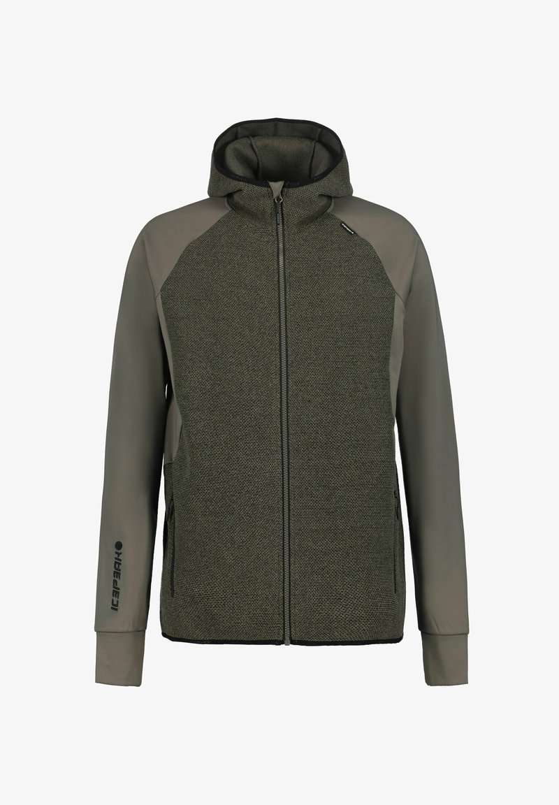 Hoodie met ritssluiting, voorzien van een getextureerd donkergroen voorpaneel en gladde olijfgroene mouwen, met twee zijritszakken en een logo op de linker mouw.