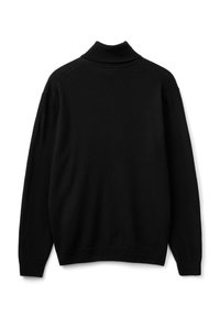 Maglione nero a collo alto, texture a maglia, spalle cadenti e collo e polsini a coste. Design semplice senza motivi o decorazioni.