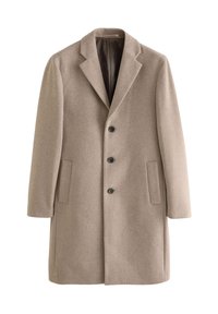 Cappotto in misto lana beige con rever a punta, tre bottoni neri e due tasche laterali. Texture liscia, vestibilità sartoriale e design fino al ginocchio.
