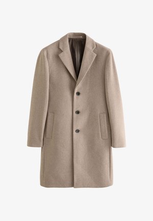 Beige villasegu segu mantel, millel on sakilised kraed, kolm musta nuppu ja kaks küljetaskut. Siluv tekstuur, kohandatud sobivus ja põlvepikkune disain.