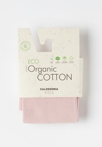 Ljusrosa ekologiska bomullstrumpbyxor för barn, förpackade i nedbrytbar kartong med ekomärkningar som framhäver miljövänliga egenskaper.