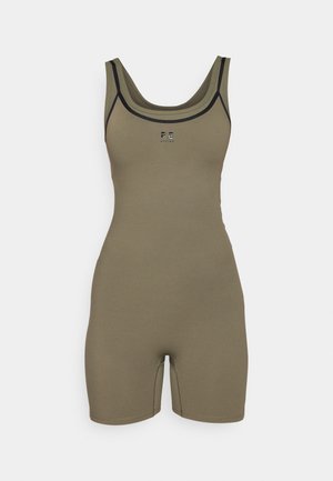 Body color verde oliva realizzato in materiale elasticizzato, con scollatura a giostra, design senza maniche e dettagli in nero.