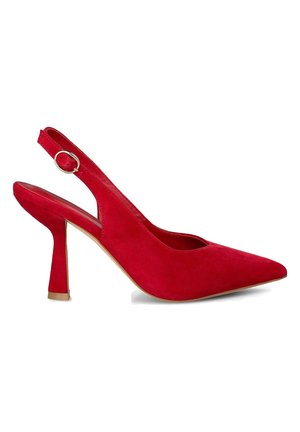 Zapato de tacón slingback de ante rojo con punta afilada, tacón de aguja de 6 cm, correa ajustable con hebilla redonda y textura suave.