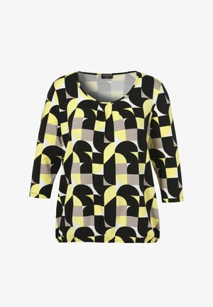 Women's long-sleeve blouse with round neck, pleat detail, and geometric pattern in black, yellow, beige, and white colors.