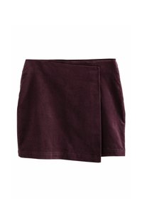 Bordová sukňa vyrobená z mäkkej tkaniny, s prekrývajúcim dizajnom. Má rovný strih s hladkou textúrou a skrytým pásom.