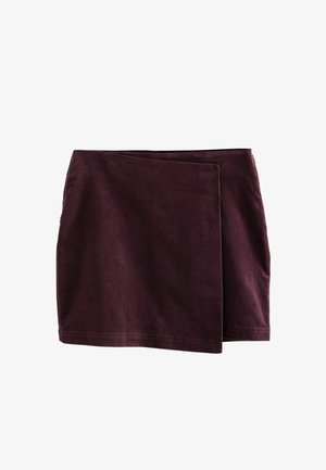 Burgunderfarbene Rock aus weichem Stoff mit Wickeldesign. Er hat einen geraden Schnitt, eine glatte Textur und einen verdeckten Bund.