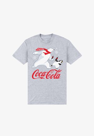Grau Baumwoll-T-Shirt mit einem Eisbären und einem Pinguin, beide halten Coca-Cola-Flaschen, mit dem roten "Coca-Cola"-Logo unterhalb des Designs.