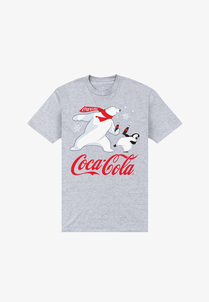 Šedé bavlněné tričko s motivem polárního medvěda a tučňáka, oba držící lahve Coca-Cola, s logem "Coca-Cola" v červené barvě pod designem.