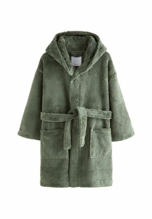 Mekana zelena kapuljača bathrobe s remenom i dvije prednje džepove, s plišastom teksturom i kratkim rukavima.