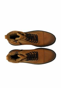 Een paar bruine leren veterschoenen met zwarte zolen en warme bontvoering, gezien vanuit boven op een witte achtergrond.