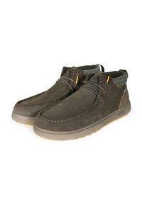 Dark gray suede ankle boots with a textured gray collar, yellow accents, and a rubber sole featuring a tread pattern for grip.
