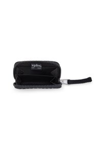 Portafoglio nero con zip, foderato in tessuto, con scomparti per carte all'interno e un laccio da polso. Presenta l'etichetta "kipling LIVE LIGHT" all'interno.