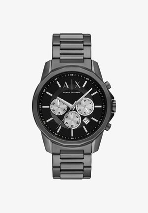 Must musta kell, millel on kaheksanurkne korpus, kronograafi funktsioonid, hõbedased aladialid ja sobiva link-riputusega käevõru.