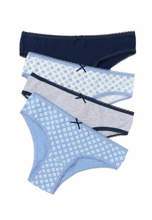 Four women's hipster-style underwear in navy, white with blue pattern, gray with navy trim, and light blue with white pattern, each with small bow detail.