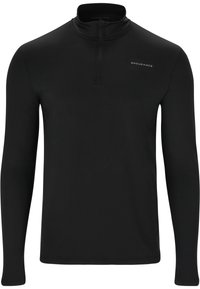 Sort langærmet pullover med halv-zip krave, lavet af glat, strækbart stof. Har reflekterende logo på brystet.