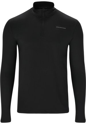 Schwarzer Langarmpullover mit Reißverschlusskragen, aus glattem, dehnbarem Stoff hergestellt. Mit reflektierendem Logo auf der Brust.