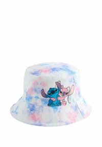 Chapeau bob avec motif tie-dye aux couleurs bleu clair, rose et blanc. À l'avant, un graphisme de deux personnages de dessin animé. Matière en coton.