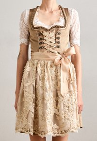 Dress featuring a beige bodice with lace sleeves, lace-up front, and a flared skirt adorned with floral embroidery and pearl accents.