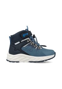 Botas altas en azul marino y azul claro, con un diseño de malla y tejido resistente, suela texturizada, ojales de metal y correa de velcro.