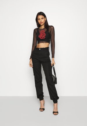 DRAGON PRINT CROP - Long sleeved top - black
