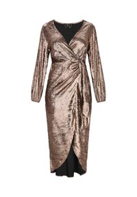Bronz fényű, hosszú ujjú, átlapolt ruha V-nyakkivágással, oldalsó megkötővel és aszimmetrikus szegéllyel, fekete béléssel.