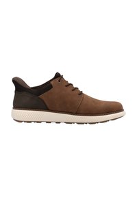 Chaussures en cuir marron à lacets avec un dos contrastant brun foncé et une semelle en caoutchouc clair, présentant des détails de couture et des accents texturés.