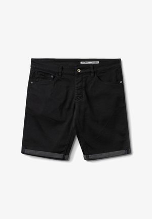 Črne denim kratke hlače z zavihanim robom, s petimi žepi in zapiranjem na srebrni gumb. Ponašajo se z gladko teksturo in čistimi linijami.