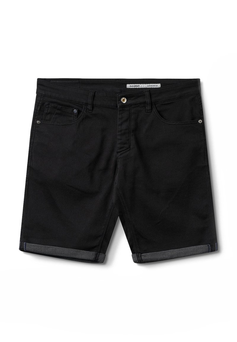 Melni džinsa šorti ar atloku, piecu kabatu dizainu un sudraba pogas aizdari. Raksturoti ar gludu faktūru un tīrām līnijām.