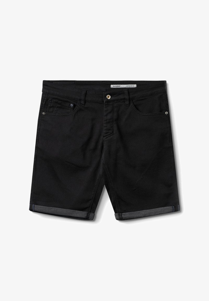 Melni džinsa šorti ar atloku, piecu kabatu dizainu un sudraba pogas aizdari. Raksturoti ar gludu faktūru un tīrām līnijām.