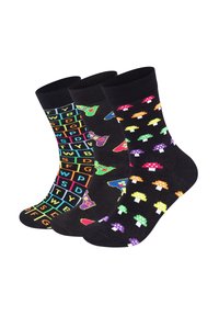 Trois paires de chaussettes noires avec des motifs colorés : icônes de jeux vidéo, champignons et une grille de lettres et de couleurs. Matériau en mélange de coton.