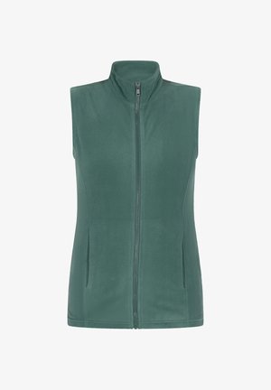 Vihreä fleece-berberi, jossa on korkea kaulus ja etuvetoketju. Varustettu sivutaskuilla ja sileällä pinnalla, suunniteltu kerroksellisuutta ja lämpöä varten.