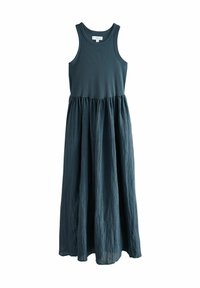 Lang turquoise jurk met een aansluitende, geribbelde tanktop en een vloeiende, geraffineerde rok. Gemaakt van lichtgewicht stof met een textuurafwerking.