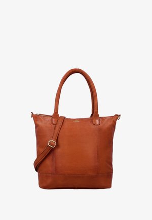 Bruine leren totebag met dubbele handvatten en een verstelbare schouderriem, getoond tegen een effen witte achtergrond.