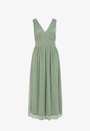 Sivé zelené midi šaty bez rukávov s výstrihom do V, priliehavým pásom a prúdiacou sukňou so subtílnou trblietavou textúrou látky.