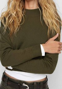 Olivengrüner Strickpullover mit Rundhalsausschnitt und gerippten Bündchen, über einem weißen Langarmshirt getragen. Weiche Textur, lockere Passform.
