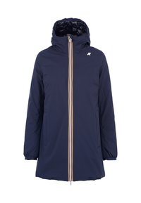 Giacca esterna blu navy con zip frontale, dotata di cappuccio imbottito, polsini elasticizzati e dettagli di zip gialli e bianchi in contrasto.