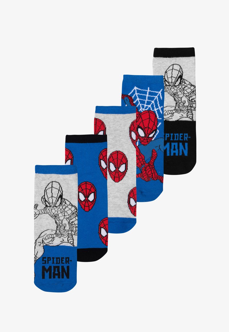 Five pairs of socks featuring Spider-Man graphics, varying in gray and blue colors, with different designs, textures, and accents.