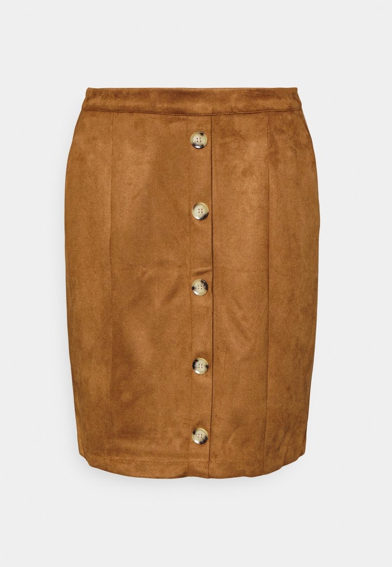 Jupe crayon en daim marron avec cinq boutons sur le devant et une taille cintrée, présentée sur un fond neutre.